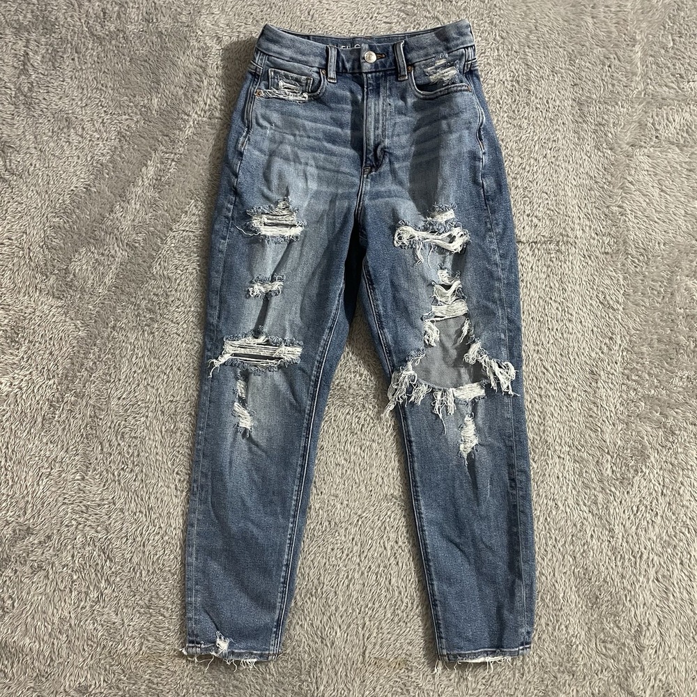 American‎ Eagle Jeans Womens Size 4 Curvy Mom Jean Stretch Blue Distressed Denim